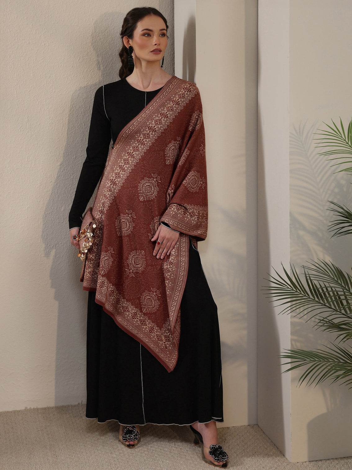 Mameraa Rust Brown Ethnic Embroidered Acrylic Wrap Shawl