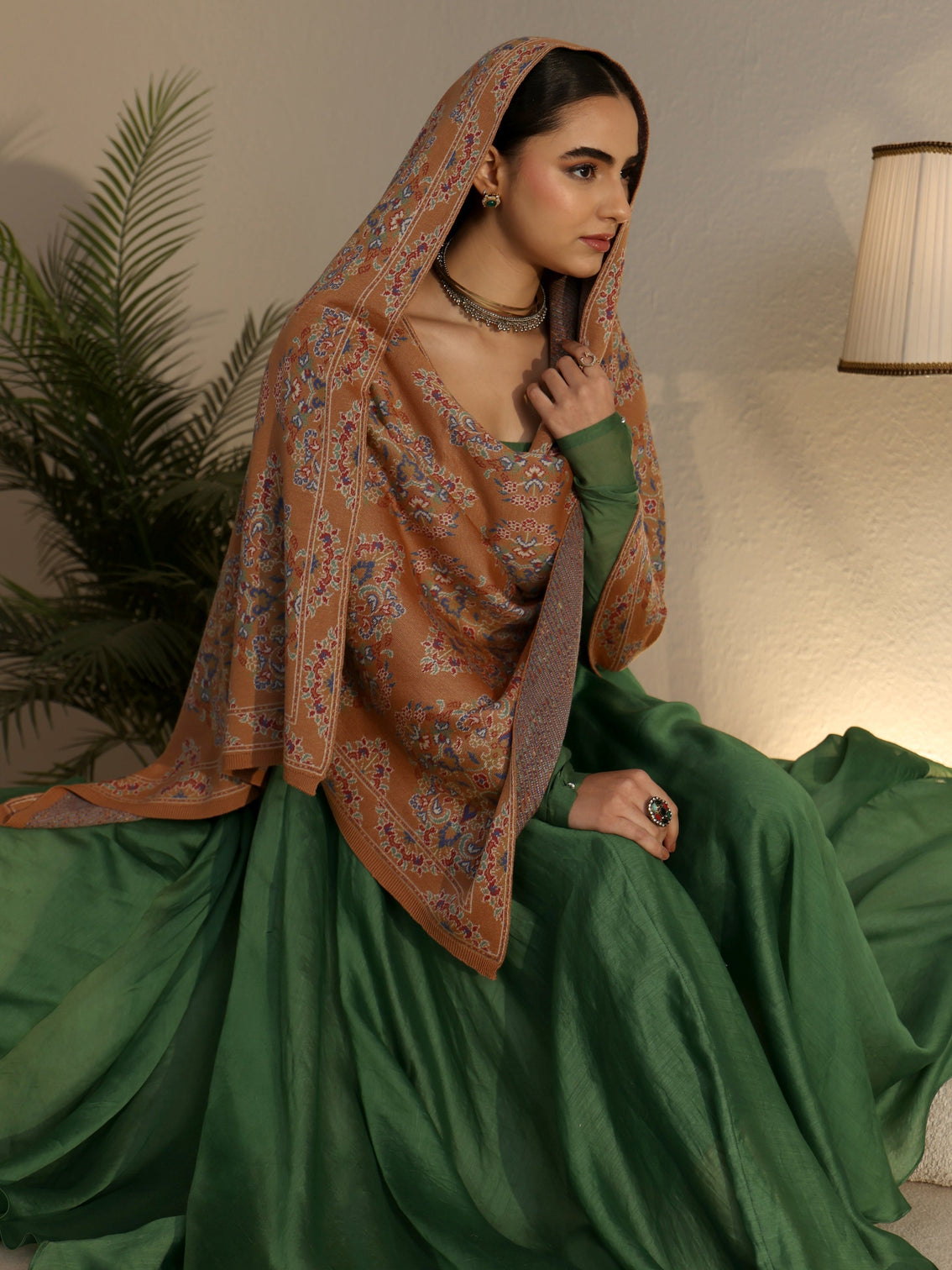 Mameraa Rust Brown Ethnic Knitted Acrylic Shawl
