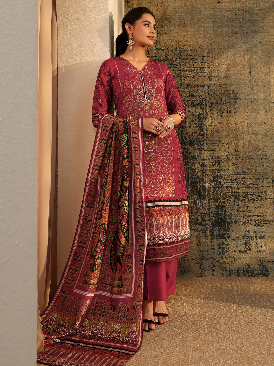 Mameraa Rust Brown Ethnic Print Chinon Straight Suit Set