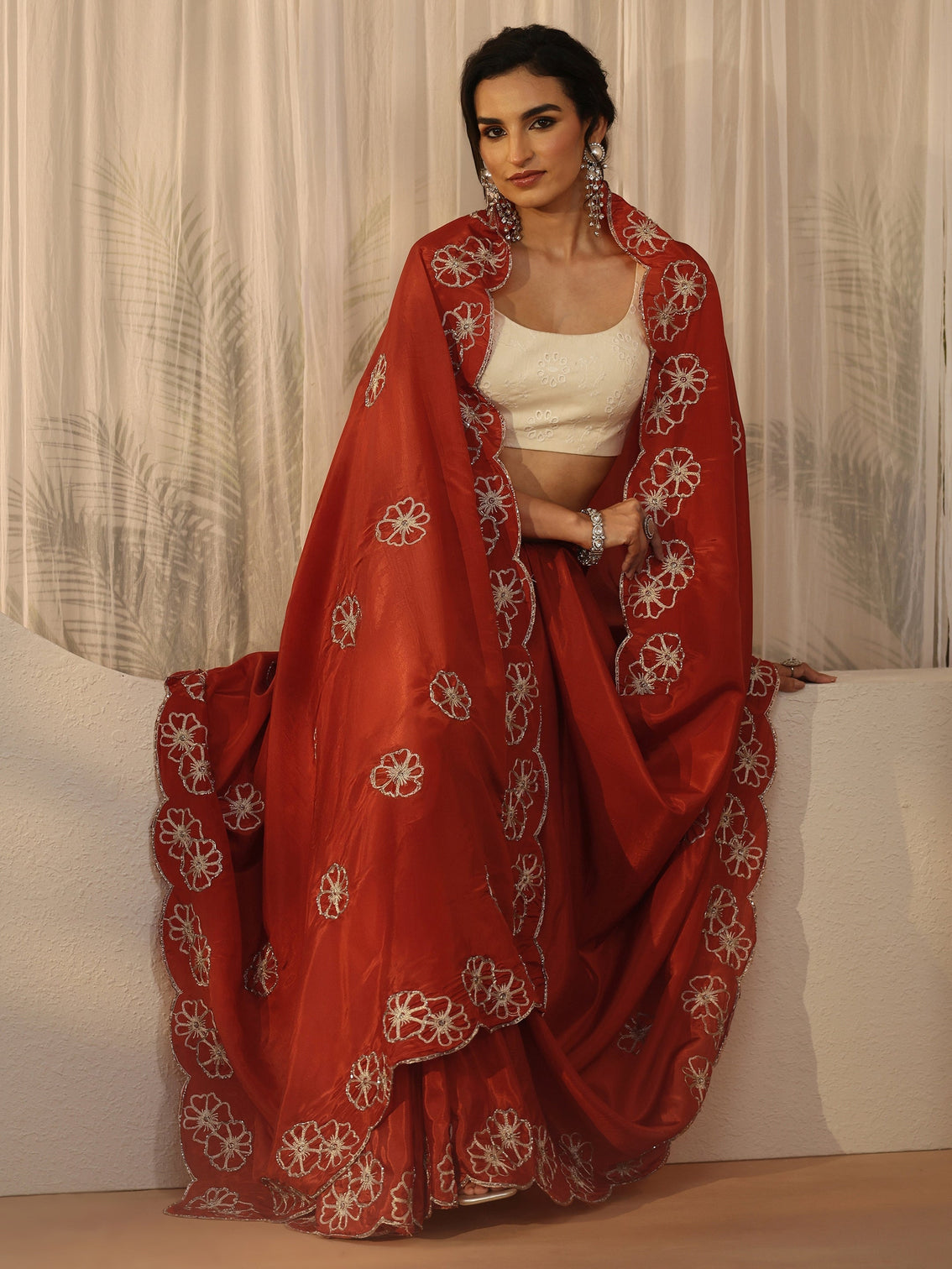 Mameraa Rust Brown Floral Embellished Satin Saree with Scalloped Border