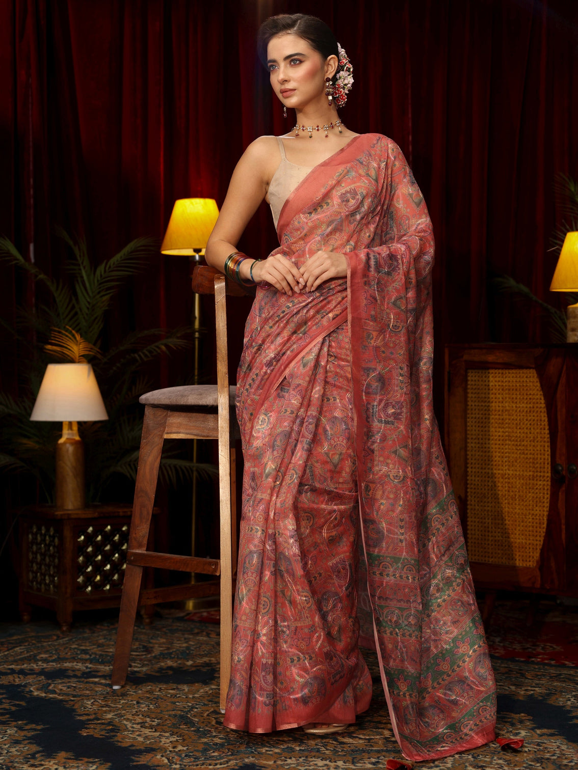 Mameraa Rust Brown Floral Embroidered Silk Blend Saree