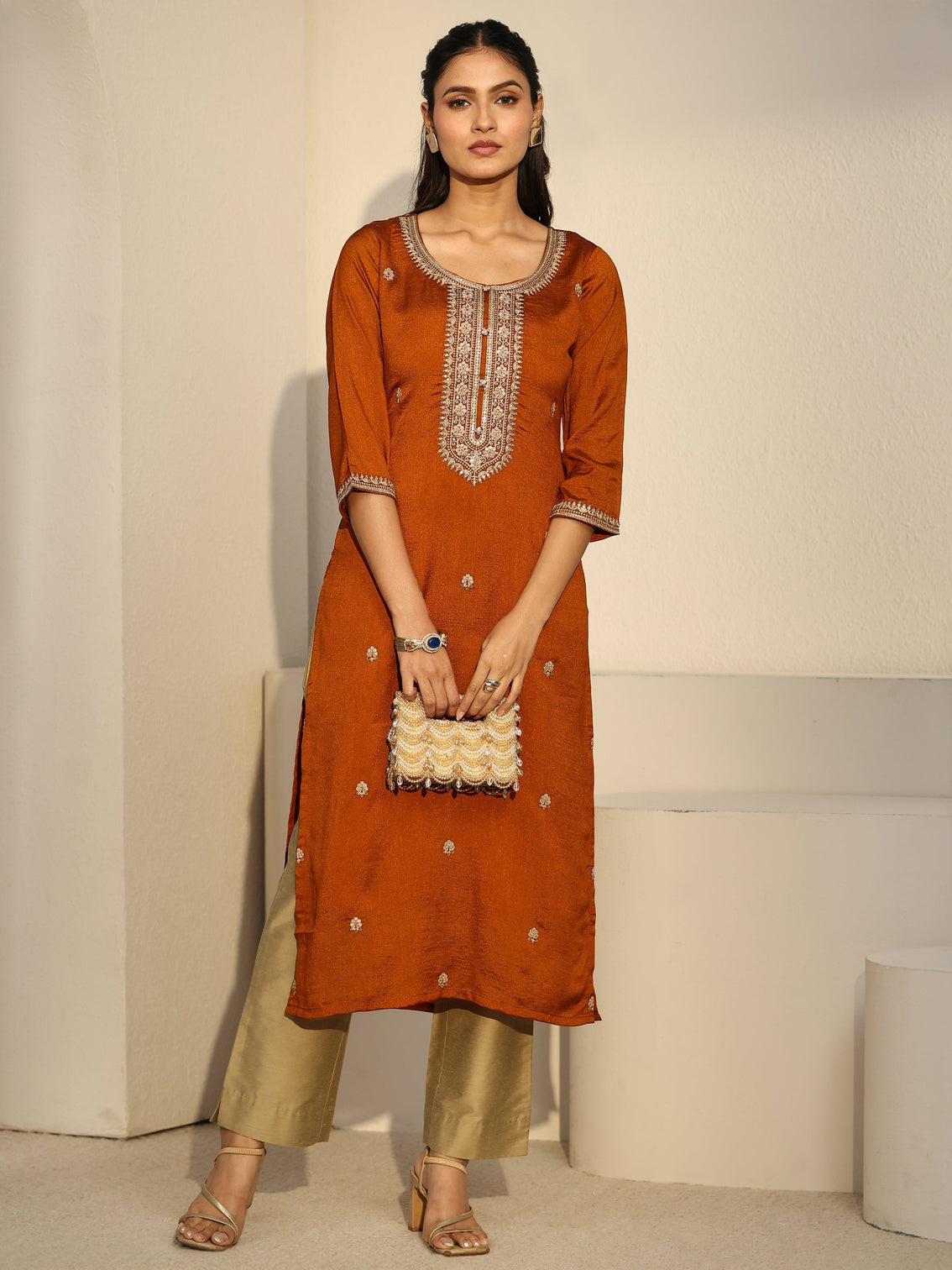 Mameraa Rust Brown Floral Embroidered Silk Blend Straight Kurta