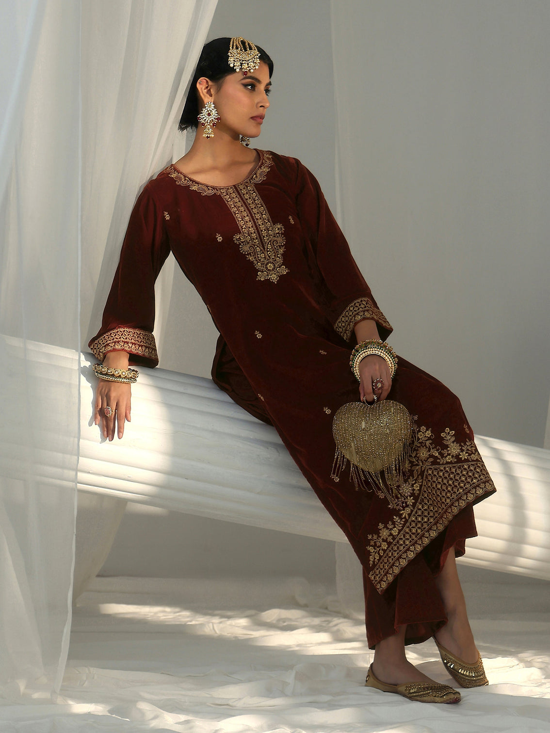 Mameraa Rust Brown Floral Embroidered Velvet Straight Suit Set