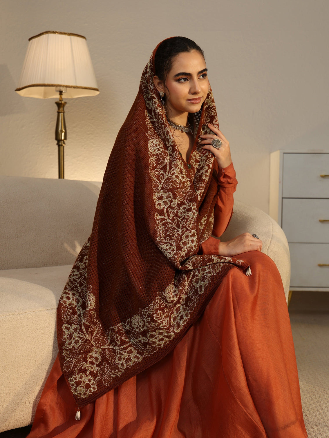 Mameraa Rust Brown Floral Knitted Acrylic Wrap Shawl