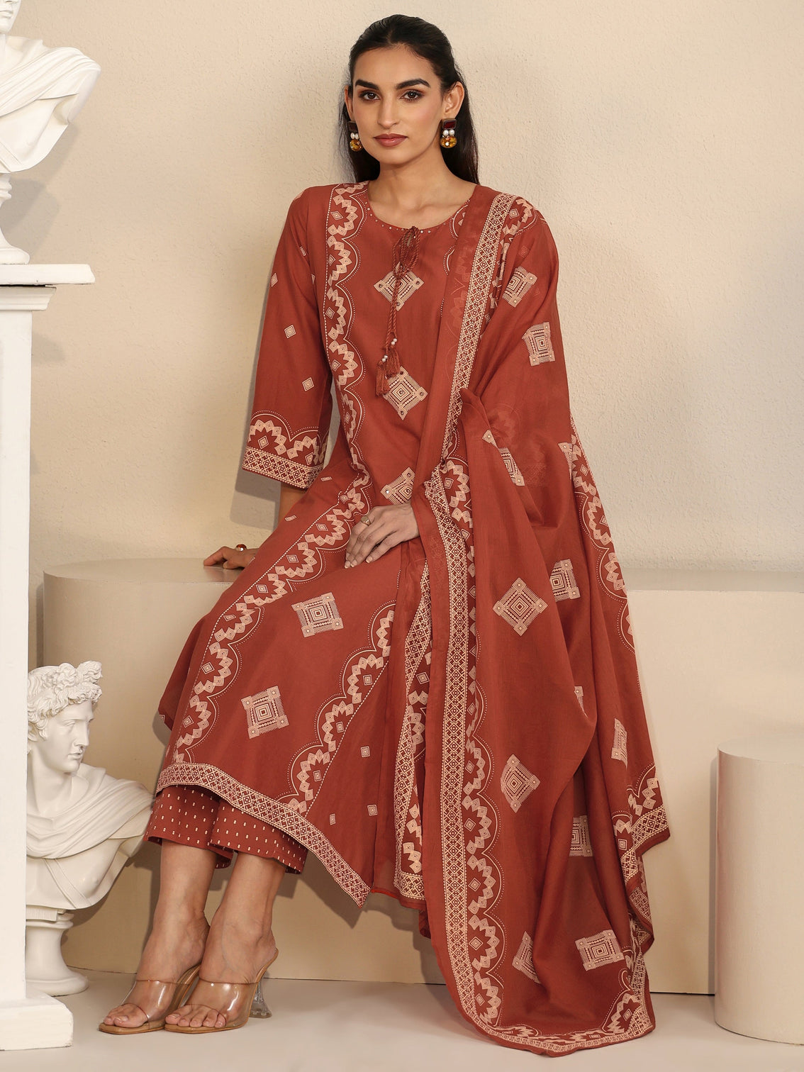 Mameraa Rust Brown Printed Cotton A-line Suit Set