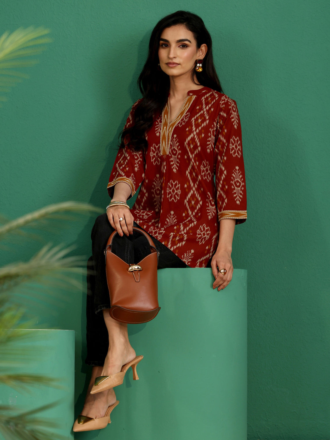 Mameraa Rust Brown Printed Cotton Short Kurti