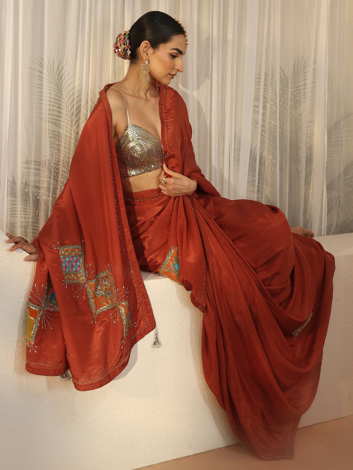 Mameraa Rust Brown Satin Saree with Applique Design