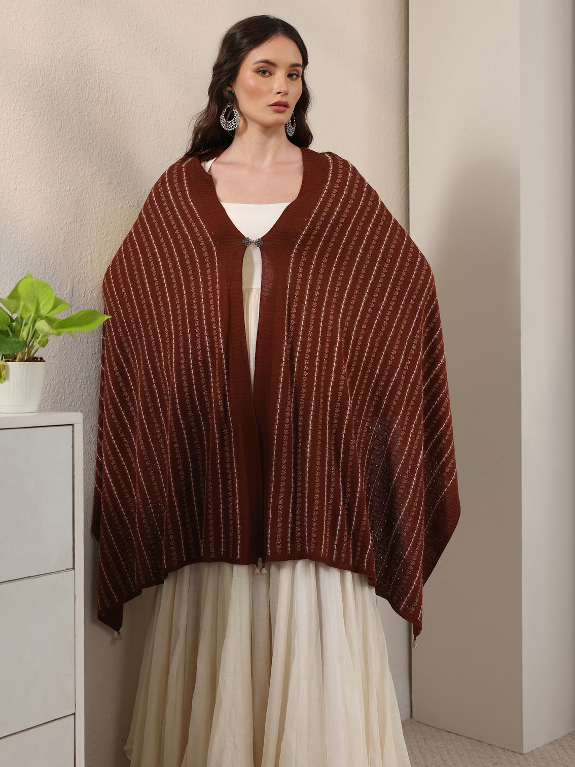 Mameraa Rust Brown Striped Embroidered Acrylic Wrap Shawl