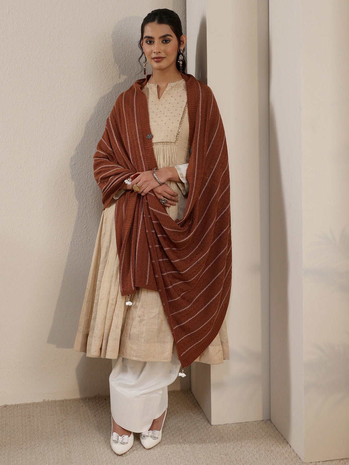 Mameraa Rust Brown Striped Embroidered Acrylic Wrap Shawl
