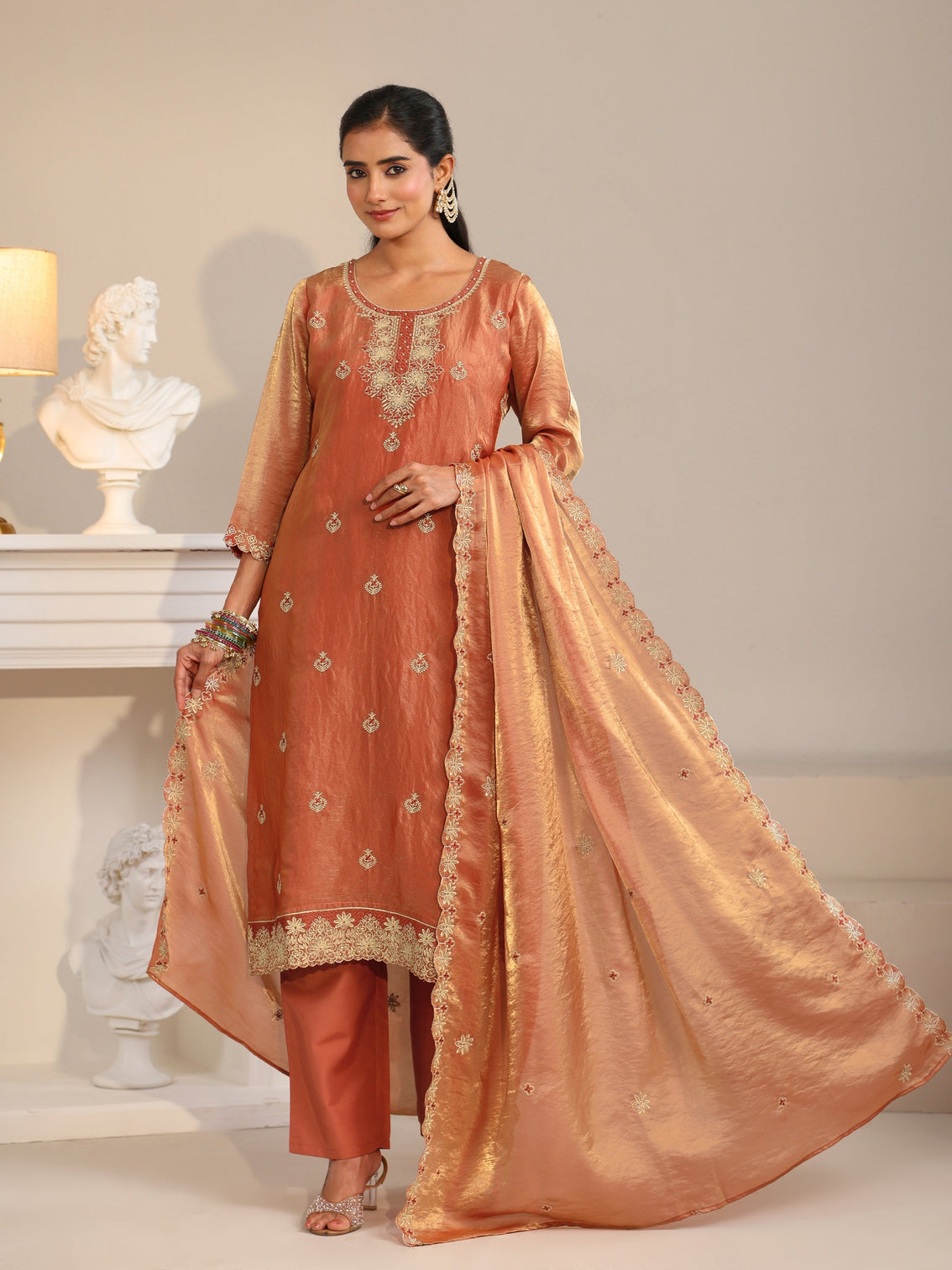 Mameraa Rust Embroidered Organza Straight Suit Set