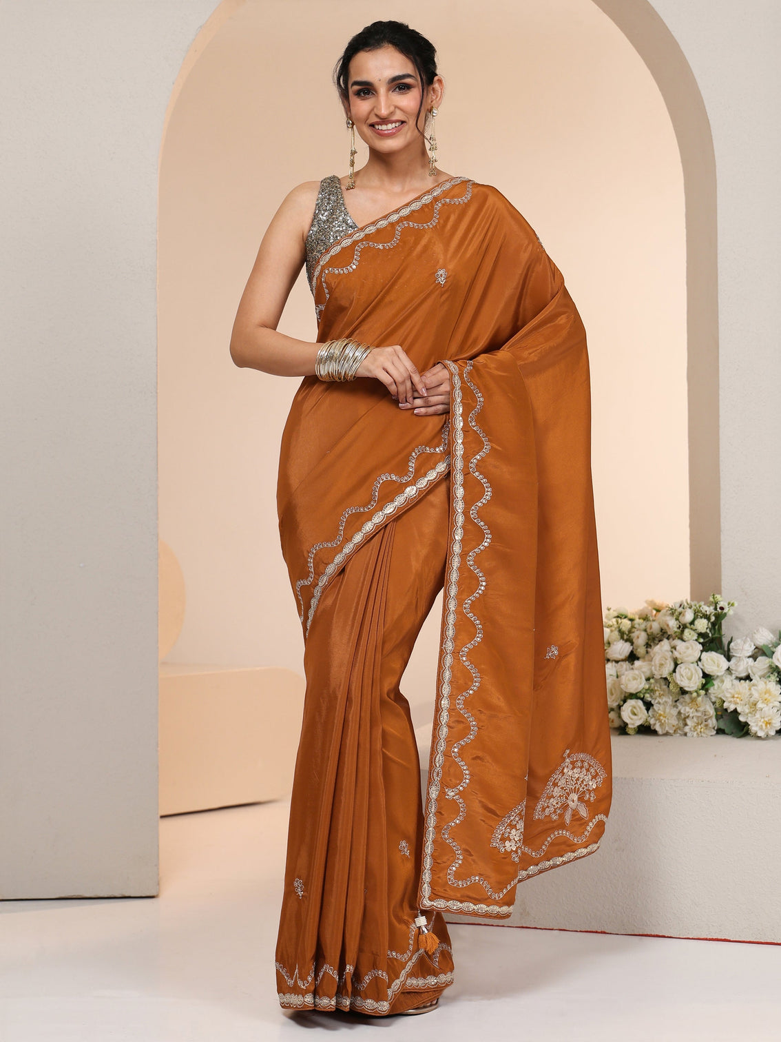 Mameraa Rust Embroidered Silk Blend Saree