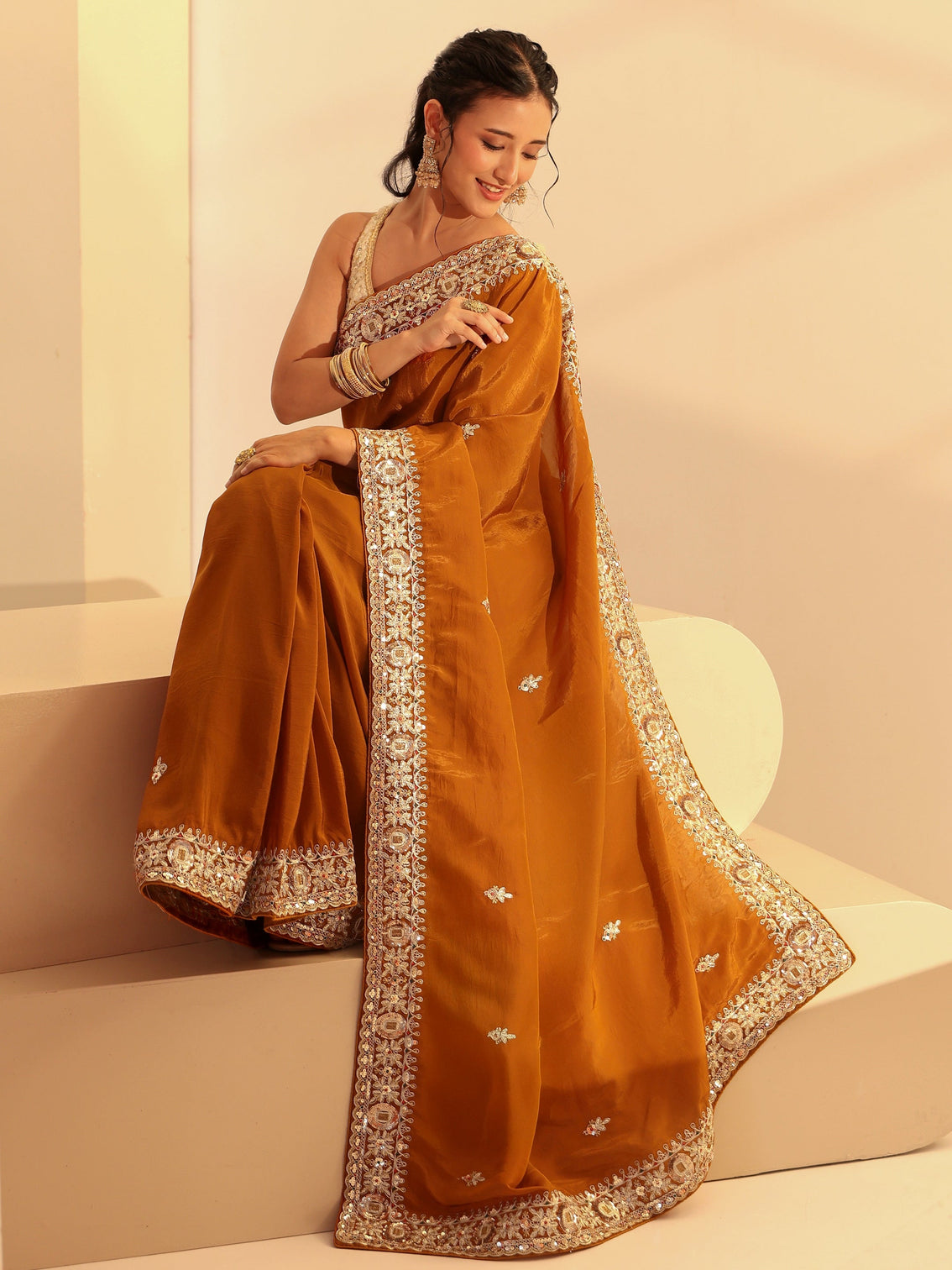 Mameraa Rust Embroidered Silk Blend Saree