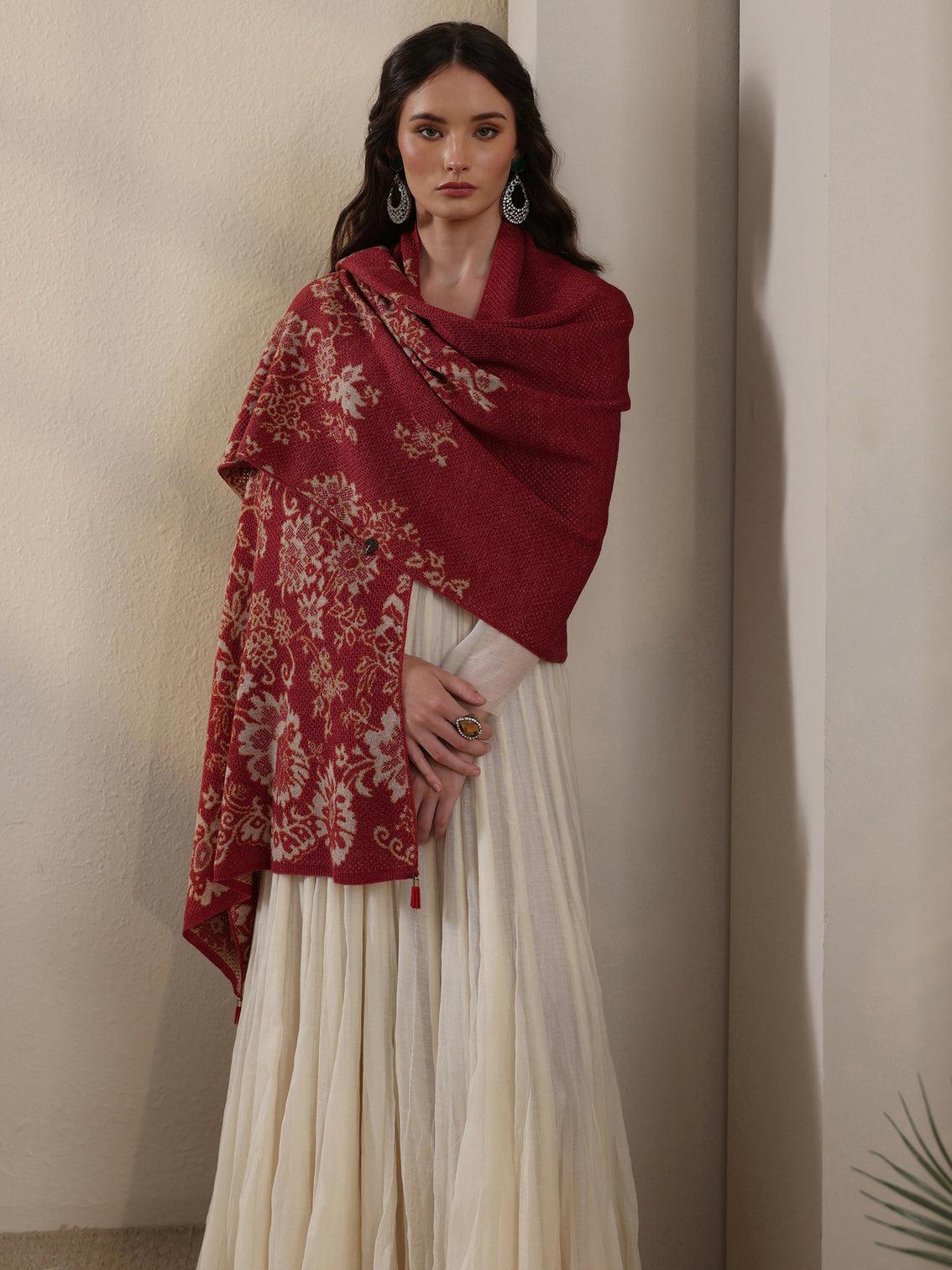 Mameraa Rust Floral Mesh Knitted Acrylic Wrap Shawl