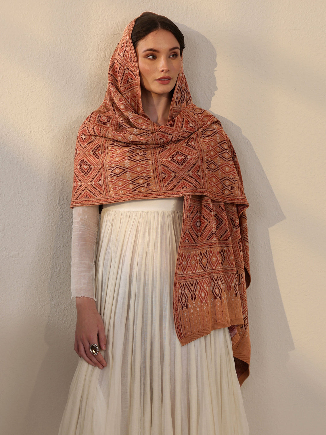 Mameraa Rust Geometric Knitted Acrylic Shawl