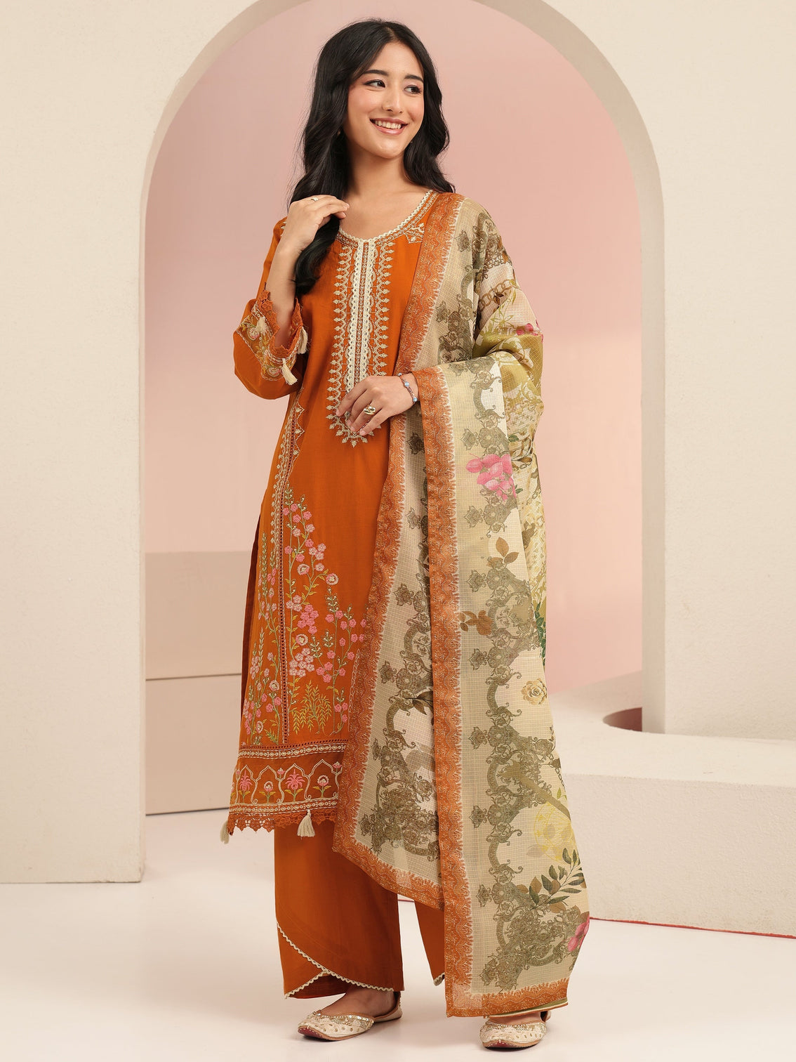 Mameraa Rust Orange Floral Embridered Cotton Straight Suit Set