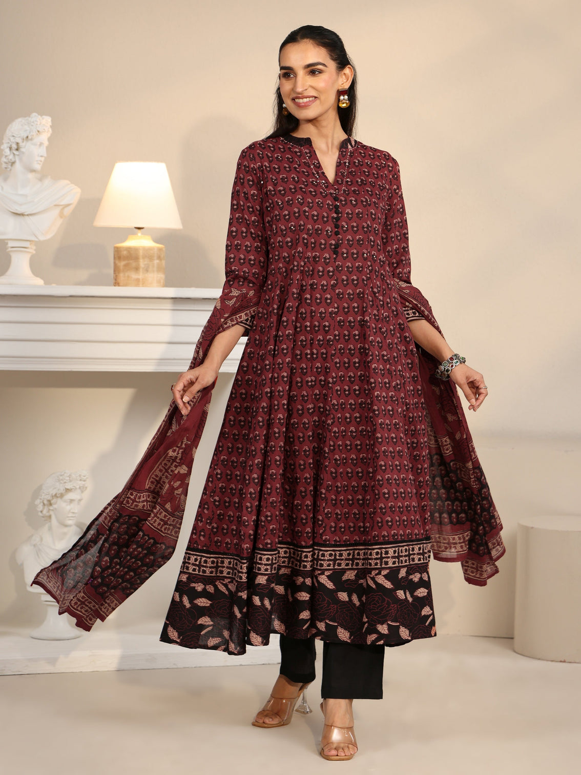 Mameraa Rust Red Ajrakh Printed Cotton Anarkali Suit Set