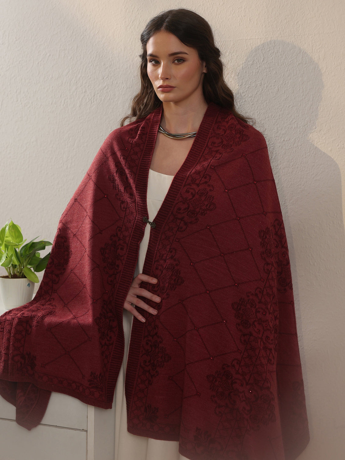 Mameraa Rust Red Ethnic Embroidered Acrylic Wrap Shawl