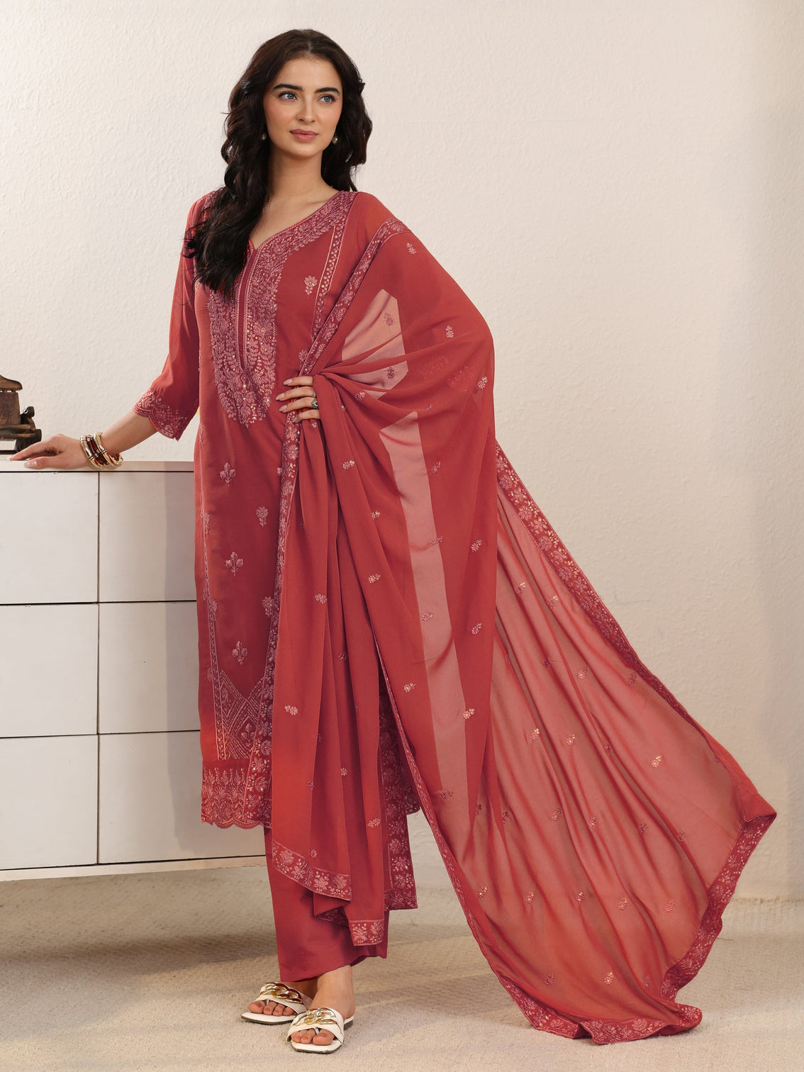 Mameraa Rust Red Floral Embroidered Georgette Straight Suit Set
