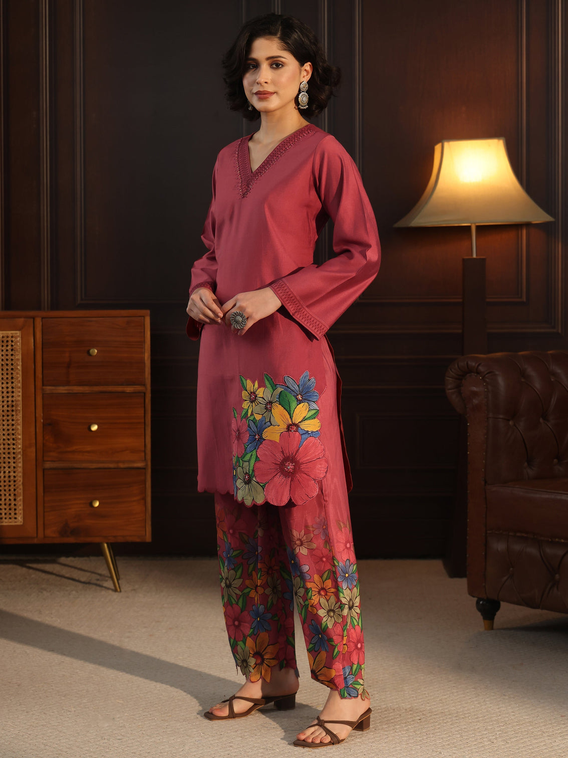 Mameraa Rust Red Floral Embroidered Silk Blend Co-Ord Set