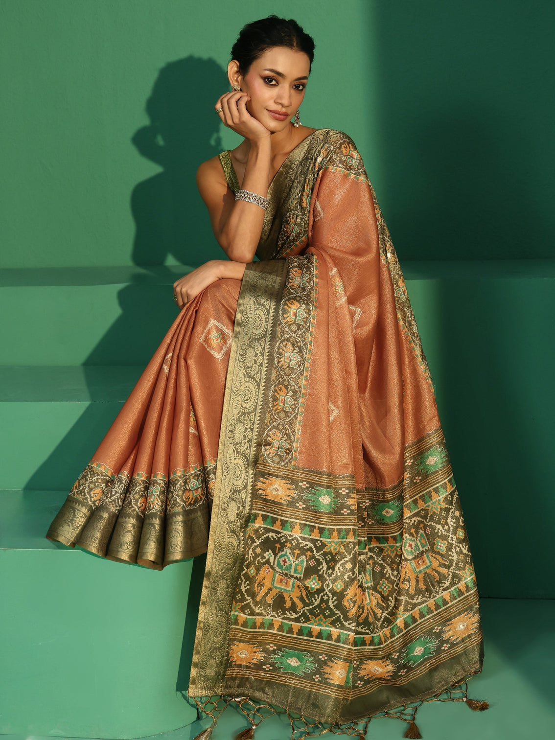 Mameraa Rust Silk Blend Saree with Patola Border