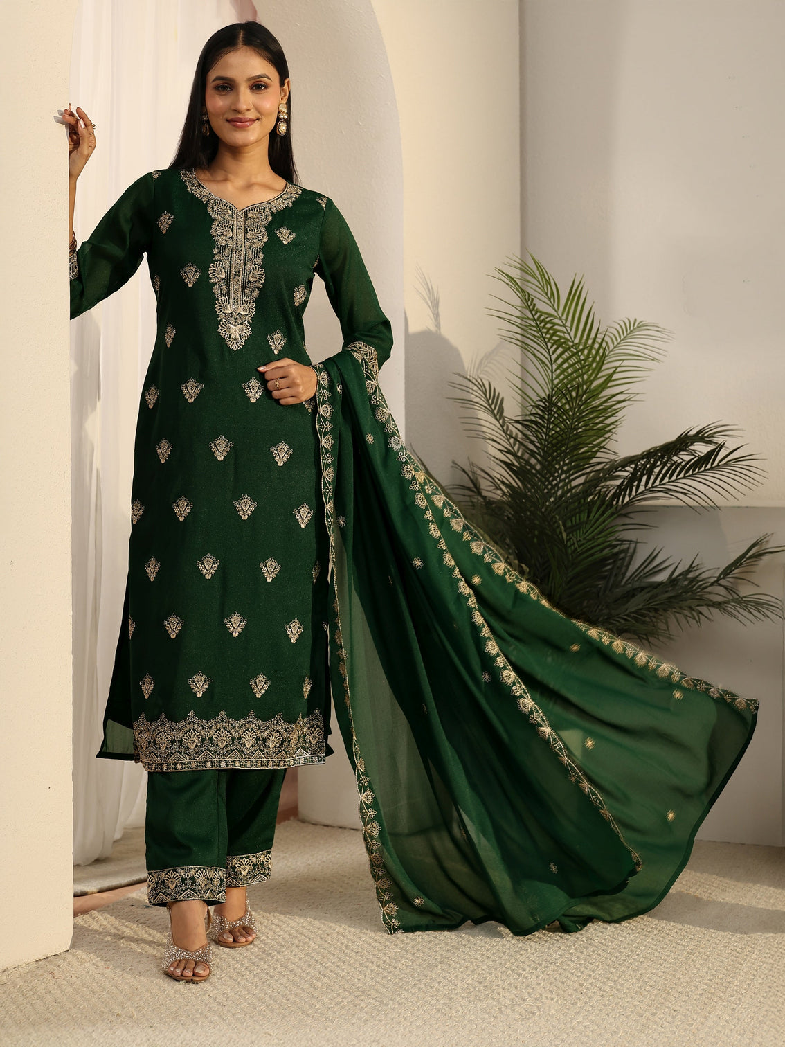 Mameraa Sacramento Green Embroidered Chinon Straight Suit Set