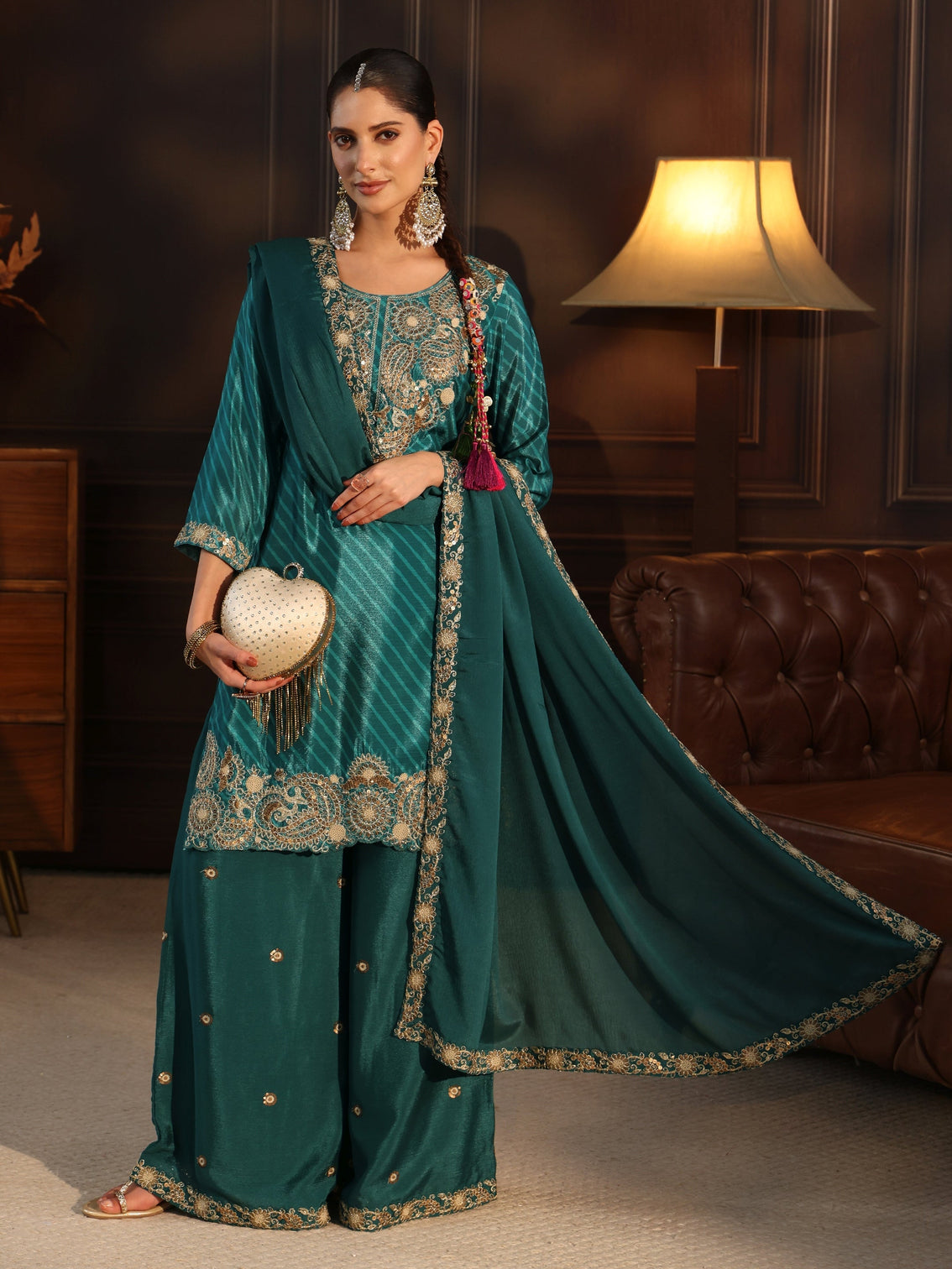 Mameraa Sacramento Green Paisley Embellished Chinon Palazzo Suit Set
