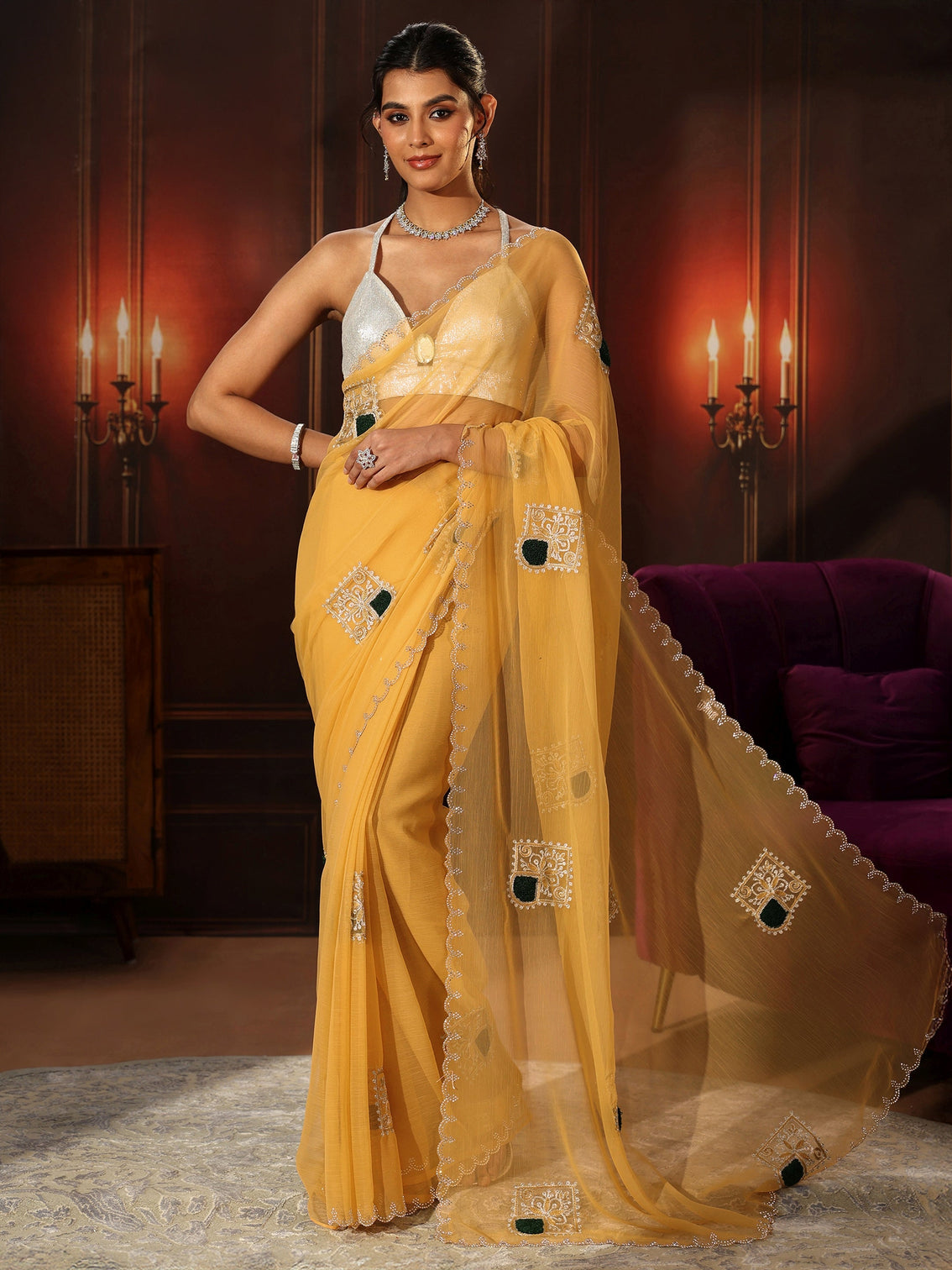 Mameraa Saffron Yellow Chiffon Saree with Embroidered  Motifs