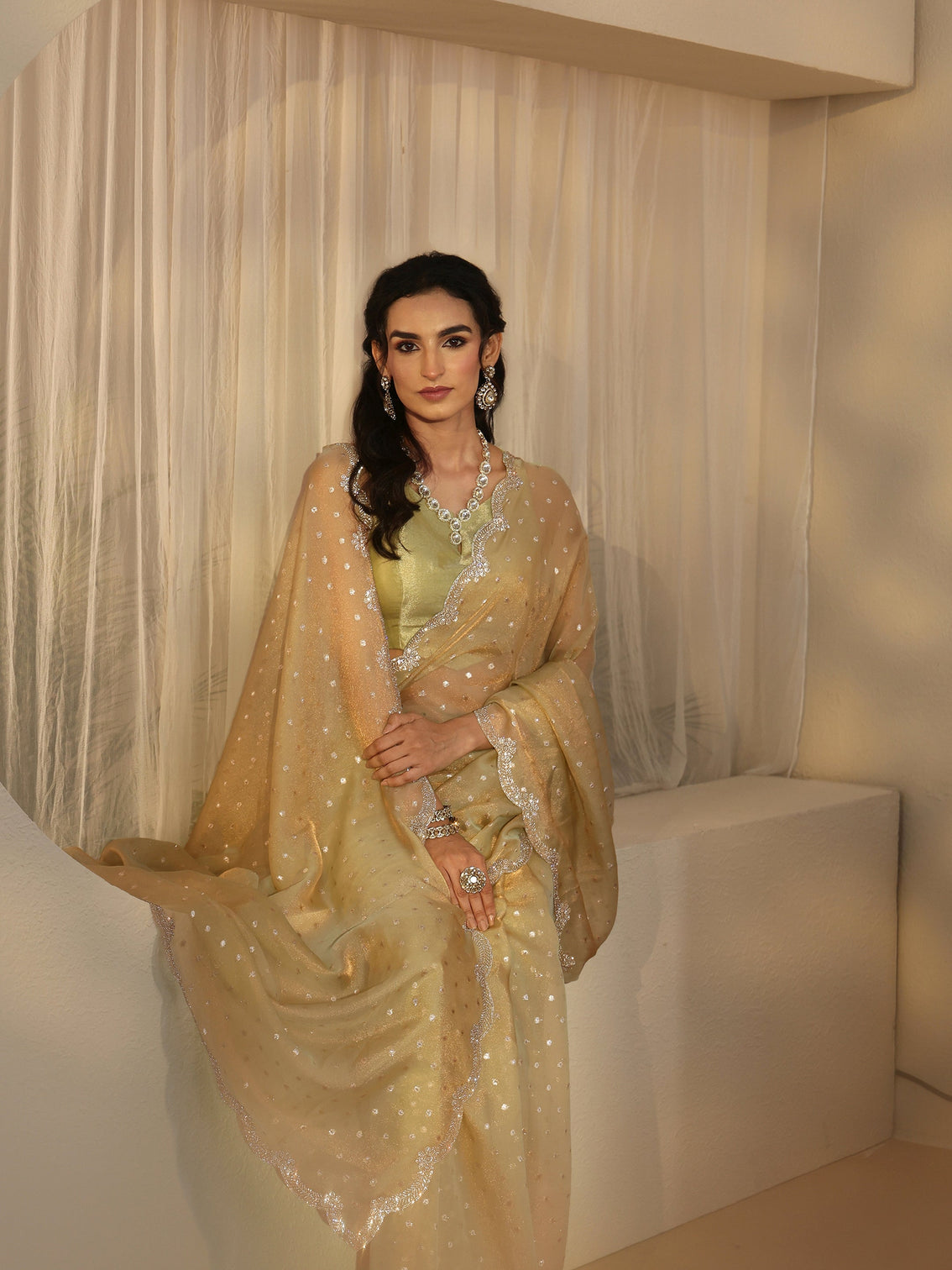 Mameraa Sage Green Embellished Tissue Saree with Scalloped Border