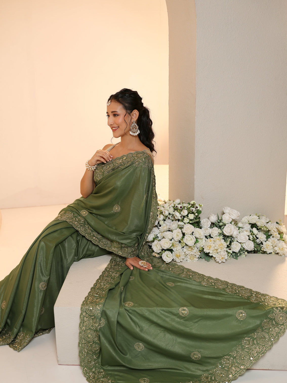 Mameraa Sage Green Embroidered Silk Blend Saree