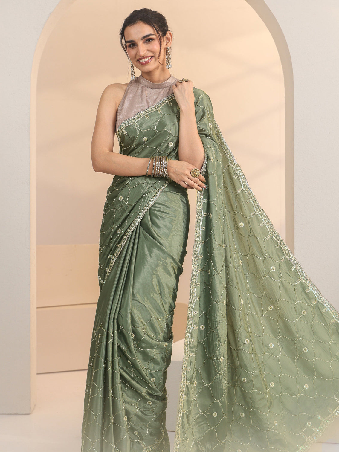 Mameraa Sage Green Floral Embellished Silk Blend Saree