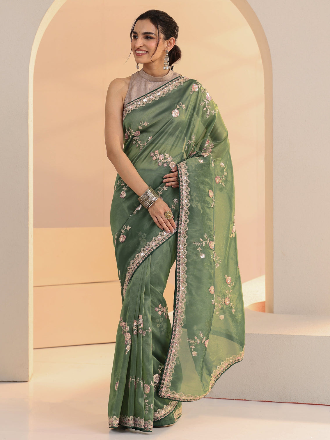 Mameraa Sage Green Floral Embellished Tissue Saree