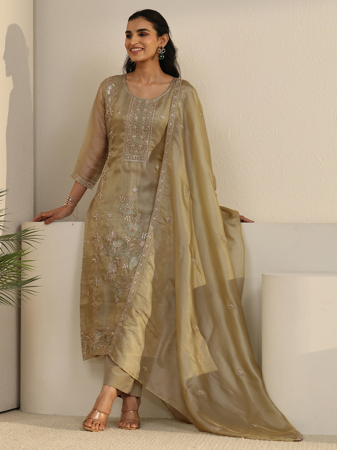 Mameraa Sage Green Floral Embroidered Organza Straight Suit Set