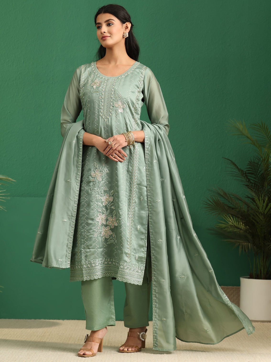 Mameraa Sage Green Floral Embroidered Organza Straight Suit Set
