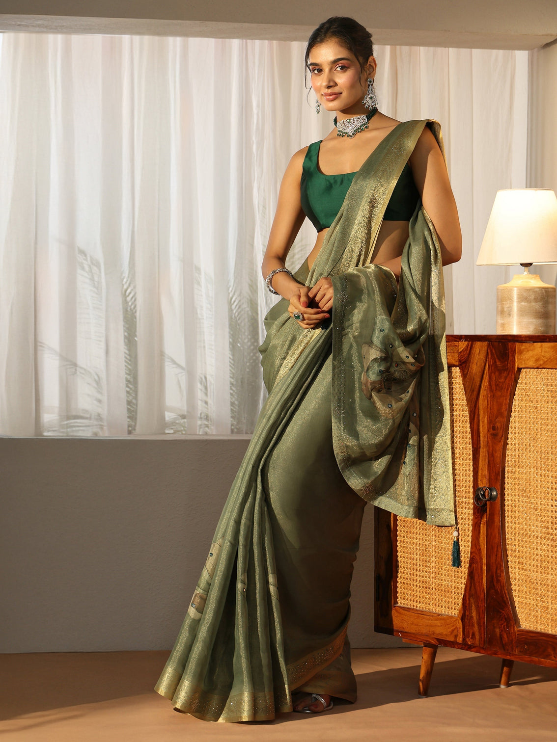 Mameraa Sage Green Floral Printed Silk Blend Saree with Woven Border