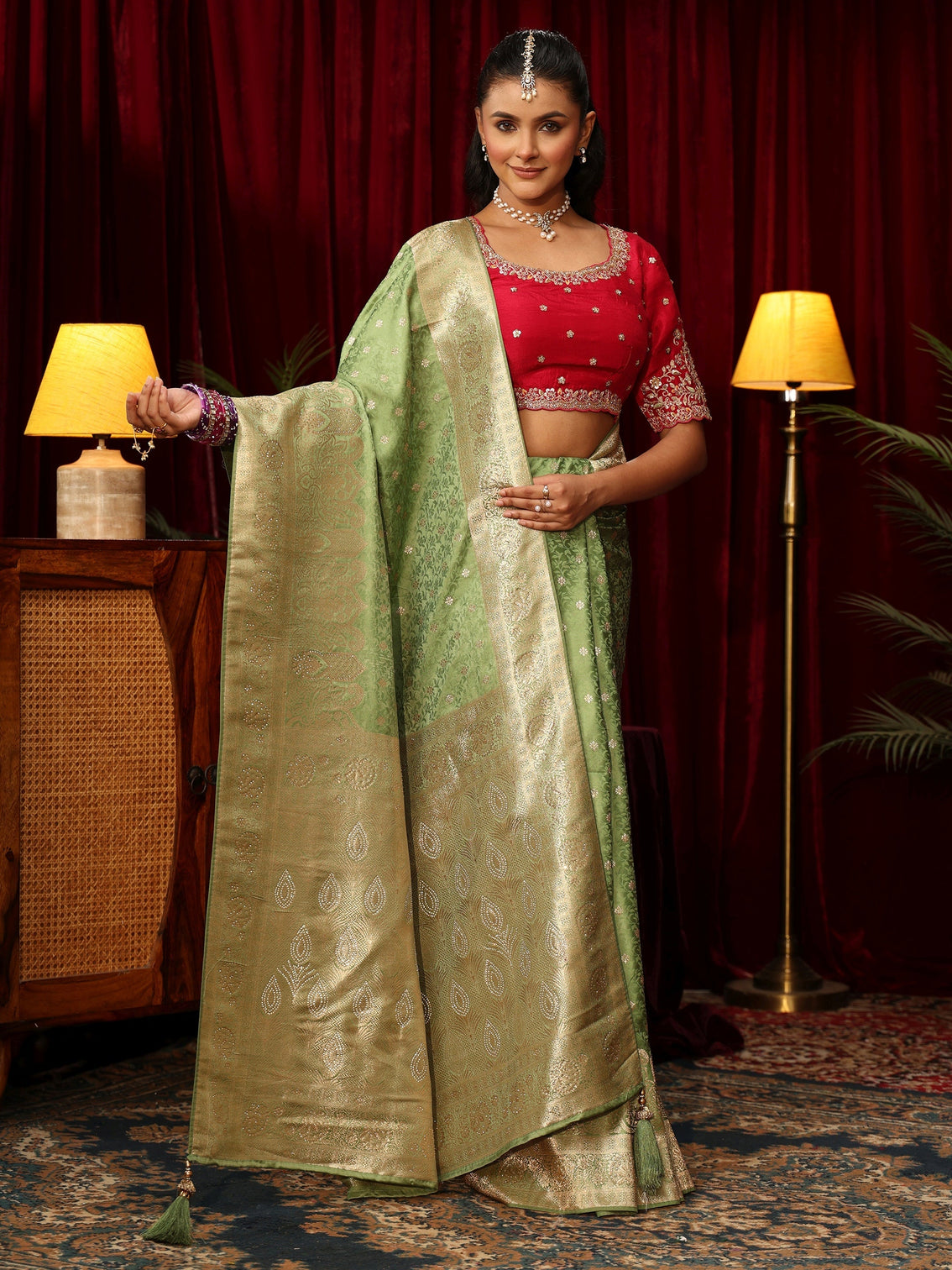 Mameraa Sage Green Woven Design Satin Saree with Stone Work