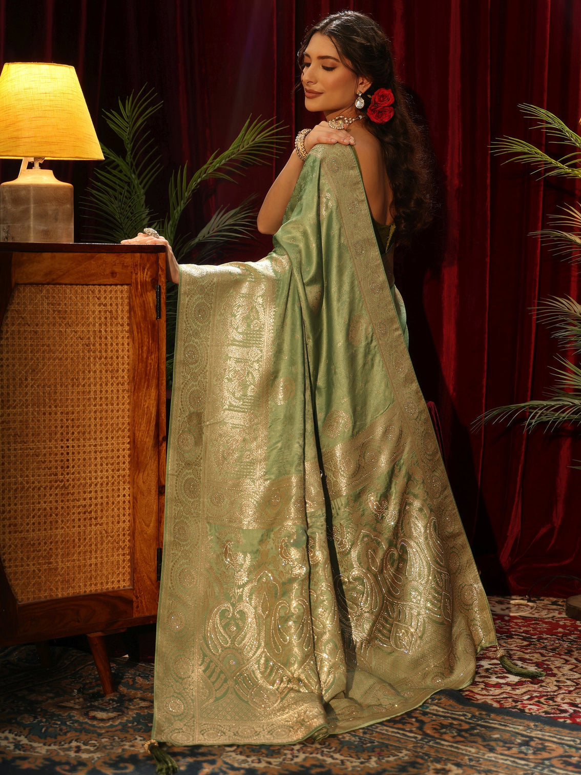 Mameraa Sage Green Woven Design Silk Blend Saree