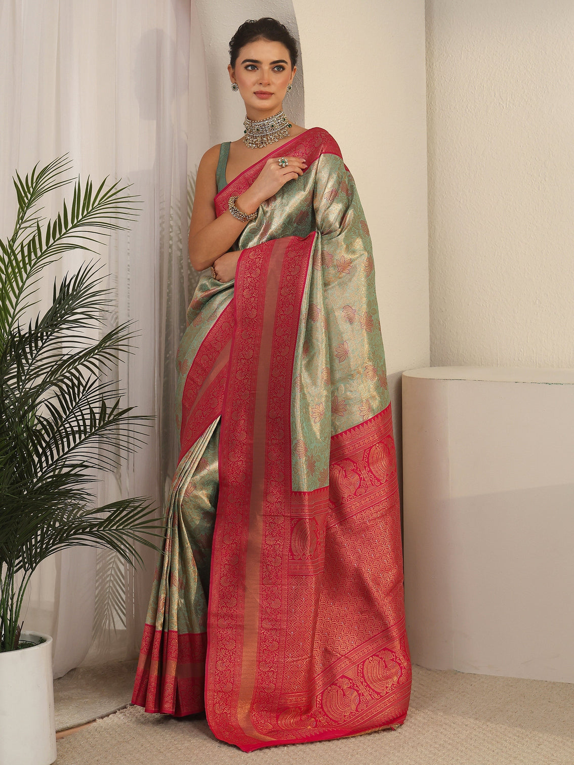 Mameraa Sage Green and Pink Floral Woven Design Brocade Saree