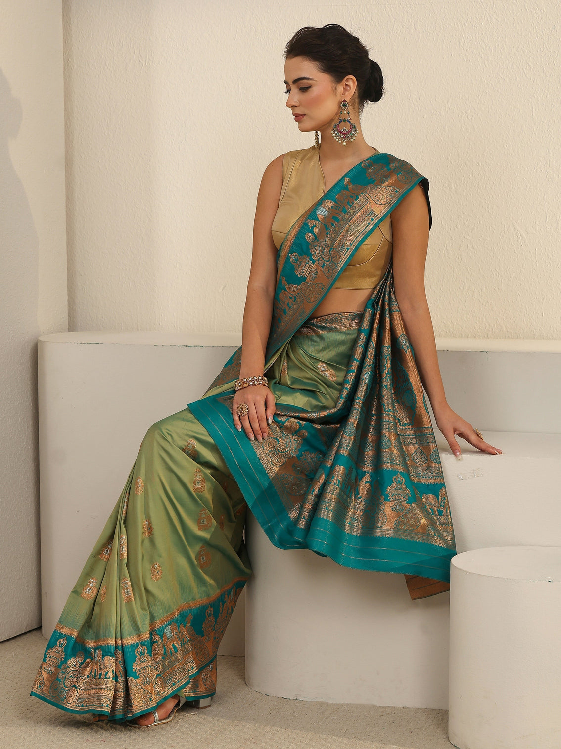 Mameraa Sap Green and Blue Woven Design Silk Blend Banarasi Saree