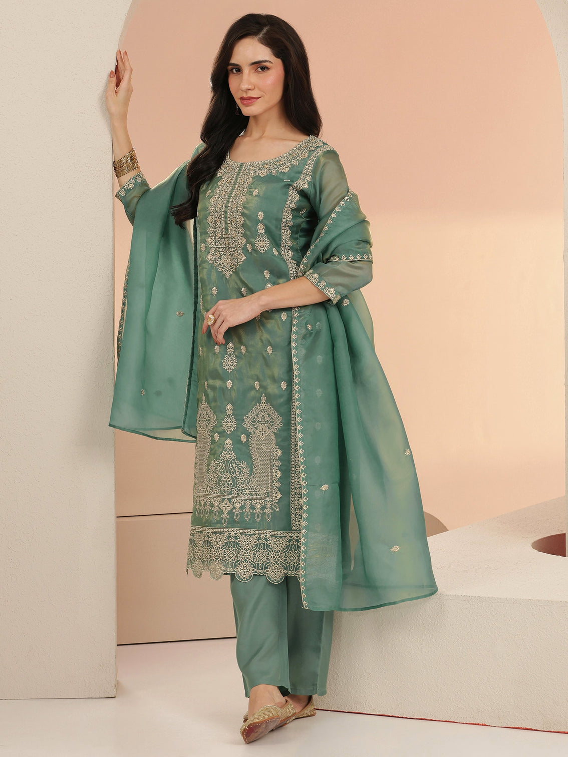 Mameraa Sea Blue Embroidered Tissue Straight Suit Set