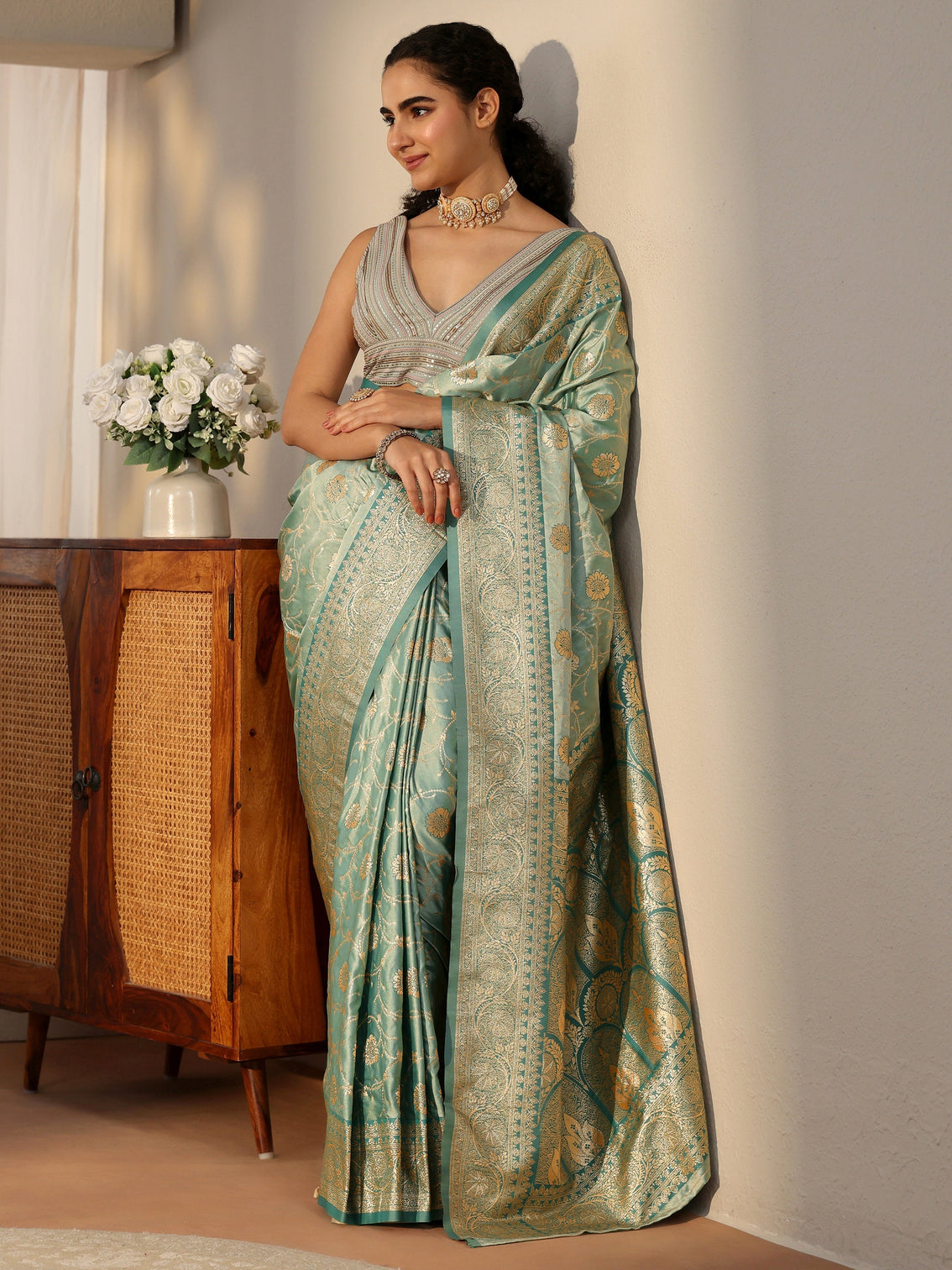 Mameraa Sea Green Banarasi Satin Saree