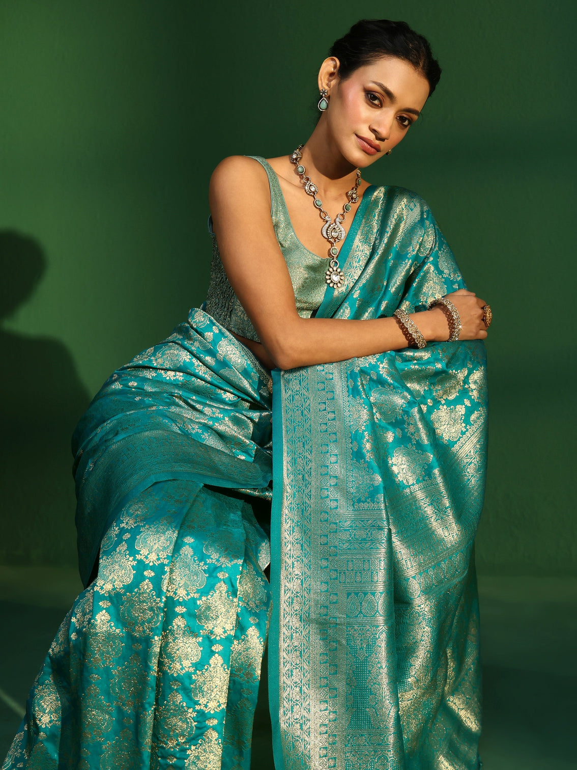 Mameraa Sea Green Banarasi Silk Blend Saree
