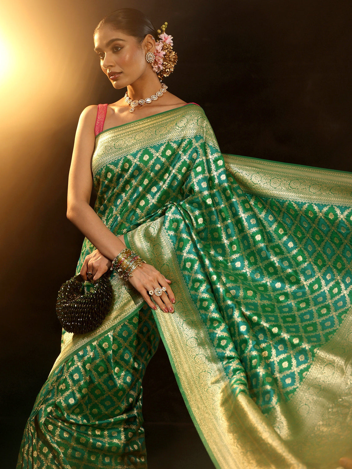 Mameraa Sea Green Banarasi Silk Blend Saree - Mameraa