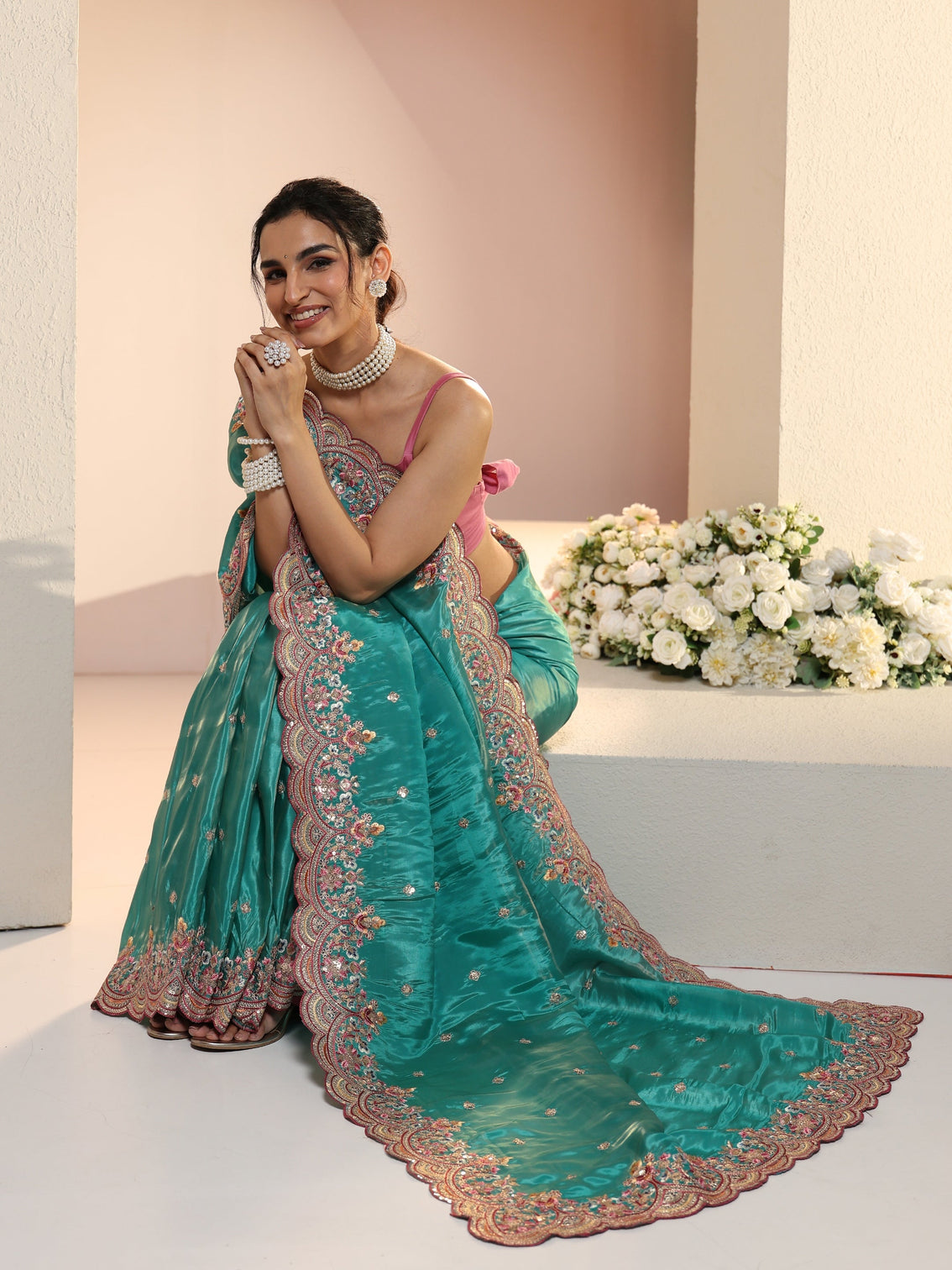 Mameraa Sea Green Embellished Silk Blend Saree