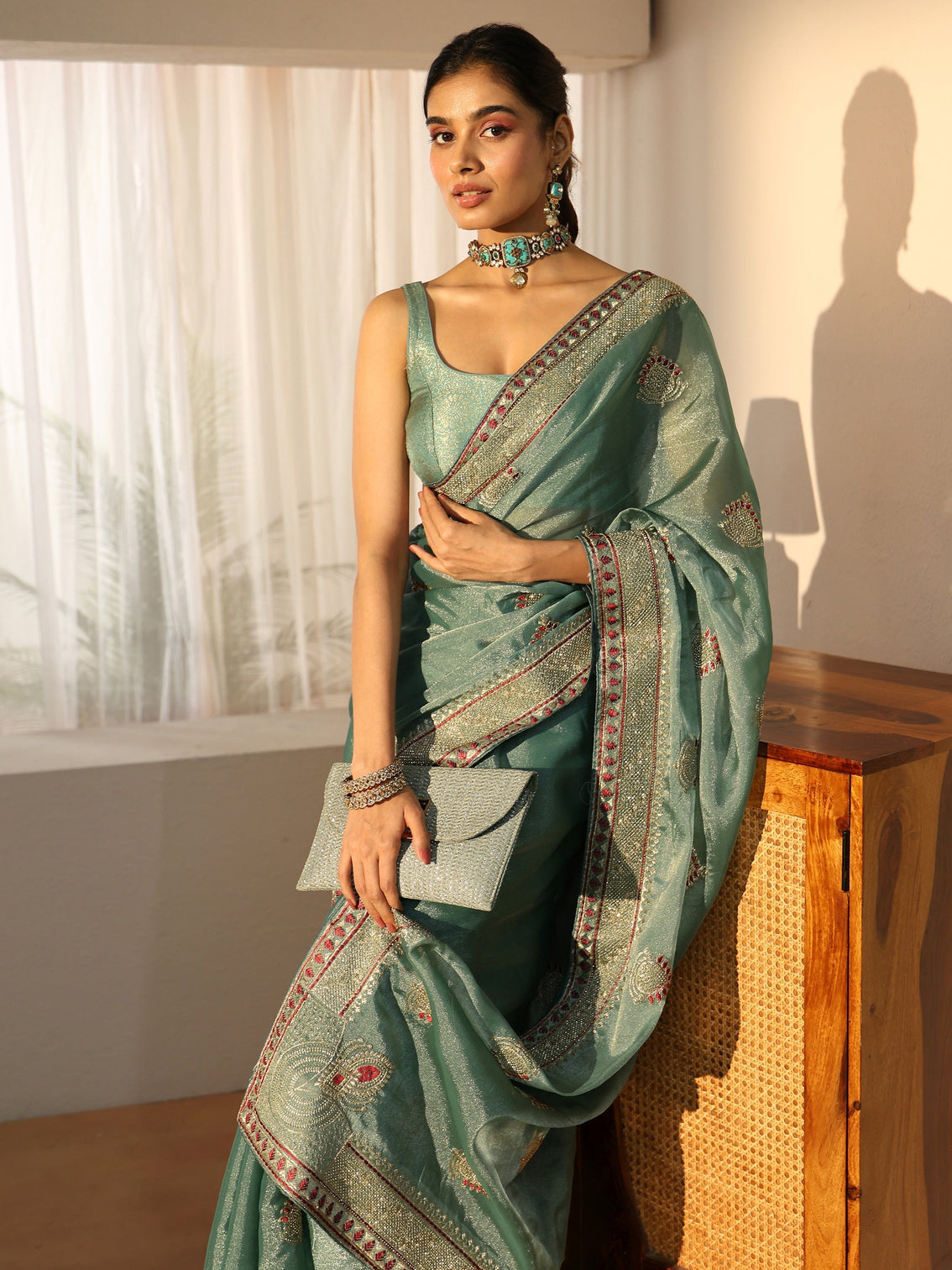 Mameraa Sea Green Embellished Tissue saree