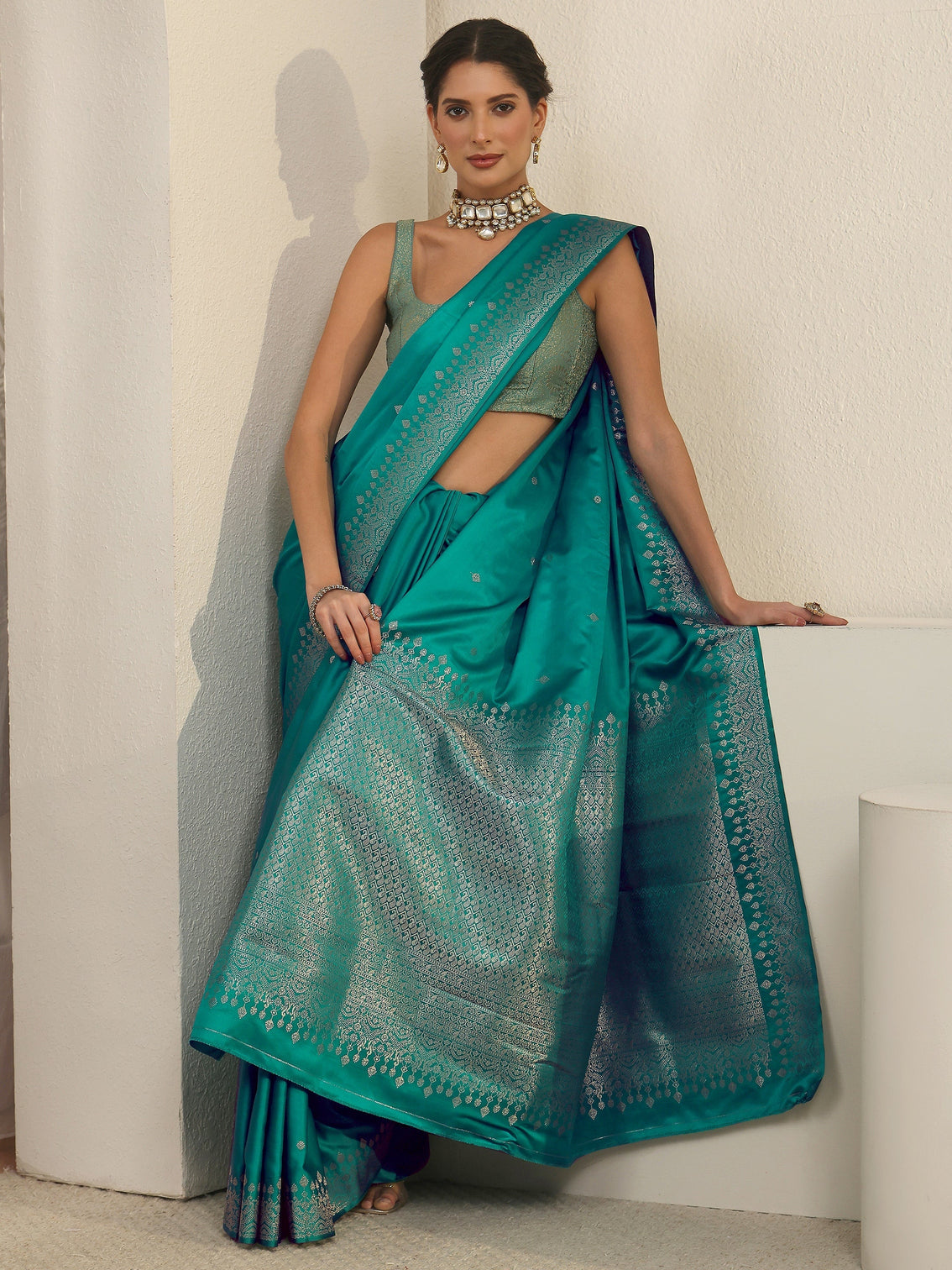 Mameraa Sea Green Embellished Woven Design Satin Saree