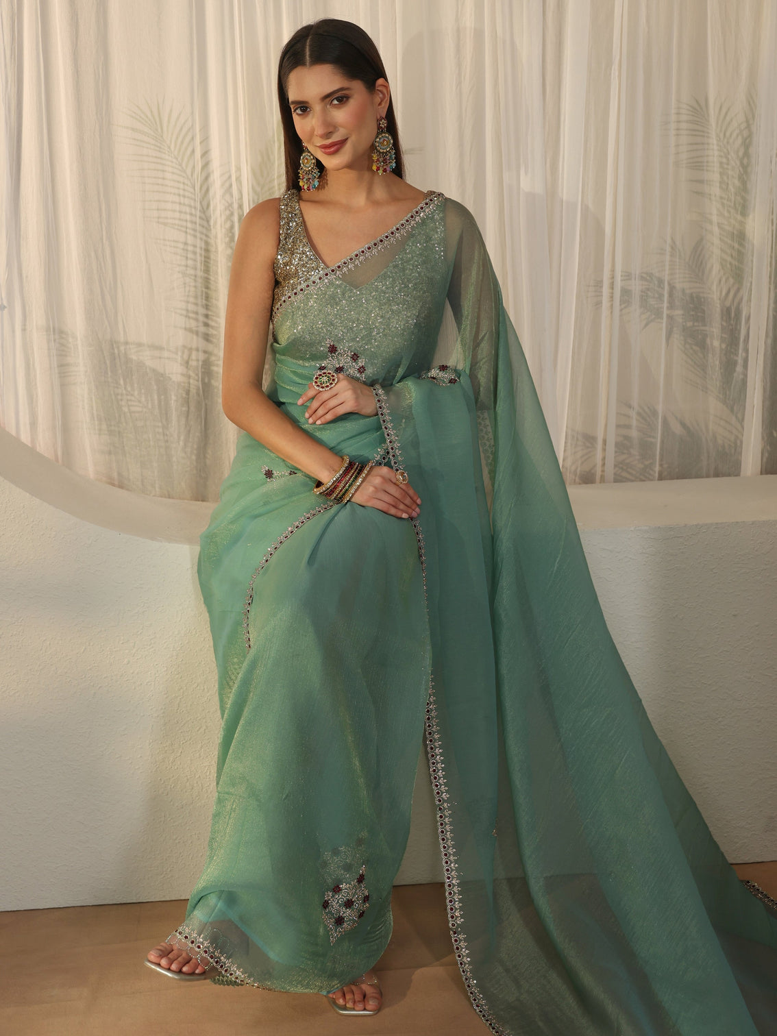 Mameraa Sea Green Floral Embellished Tissue Saree