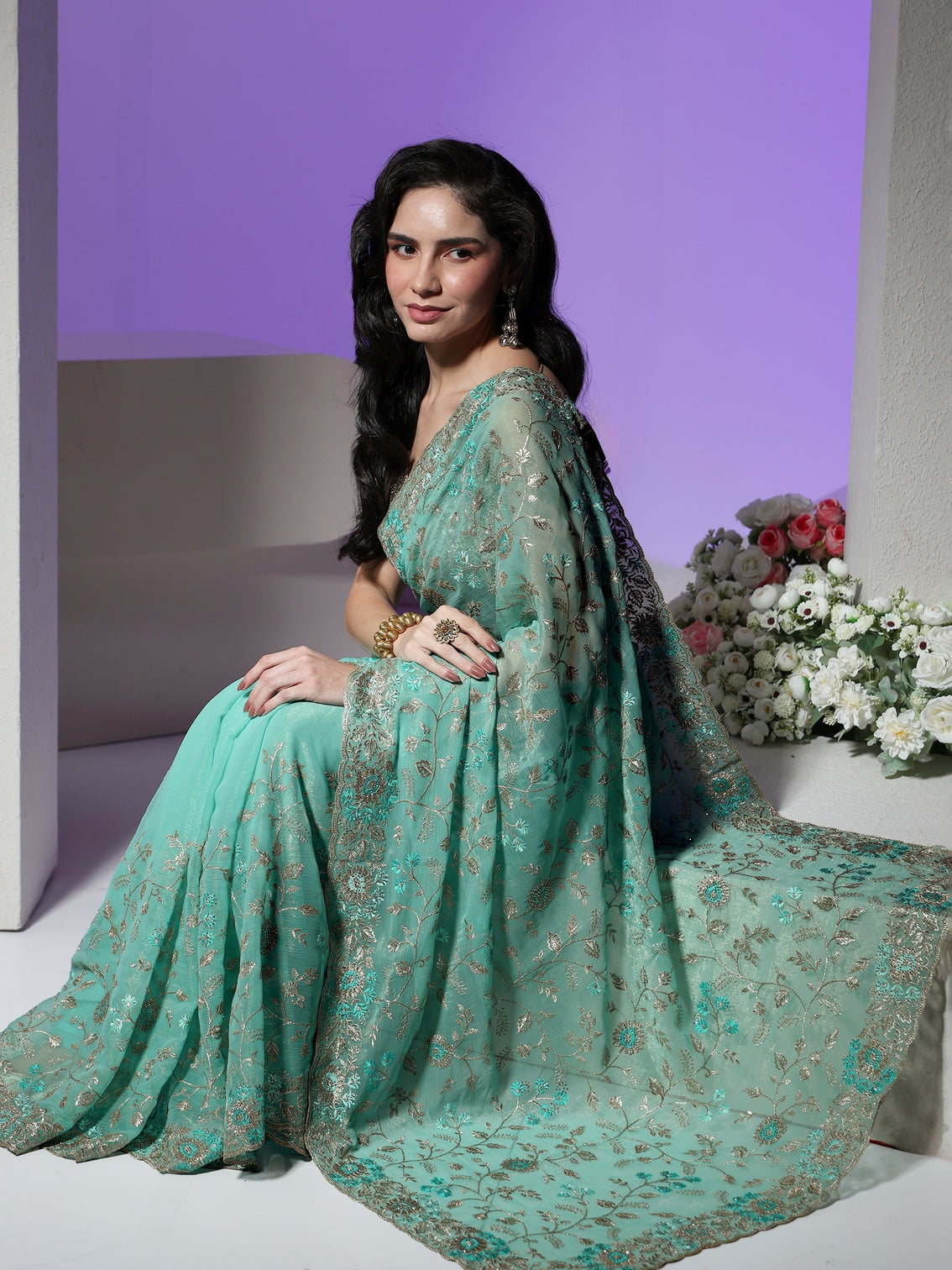 Mameraa Sea Green Floral Embroidered Chiffon Saree