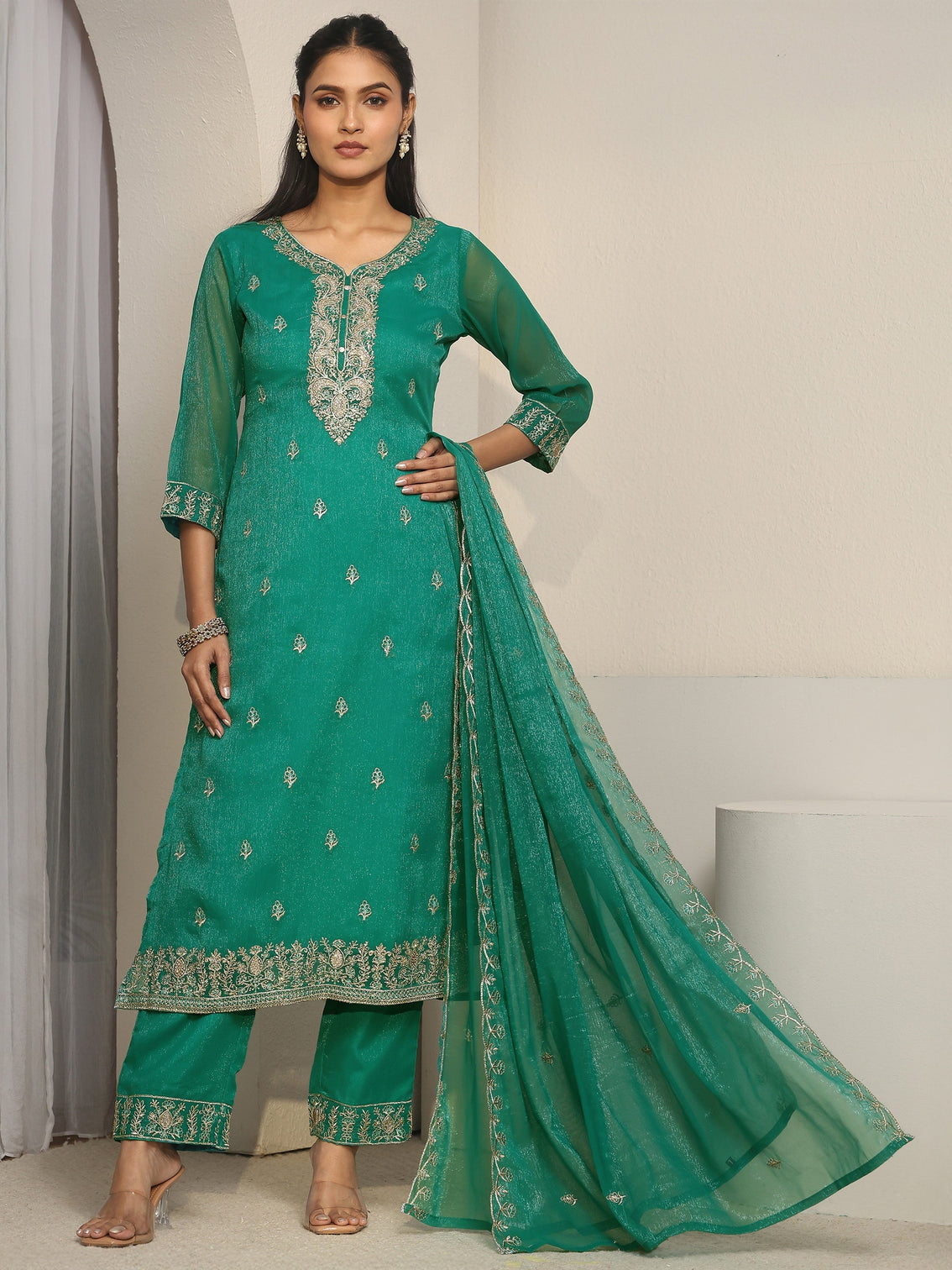 Mameraa Sea Green Floral Embroidered Chinon Straight Suit Set