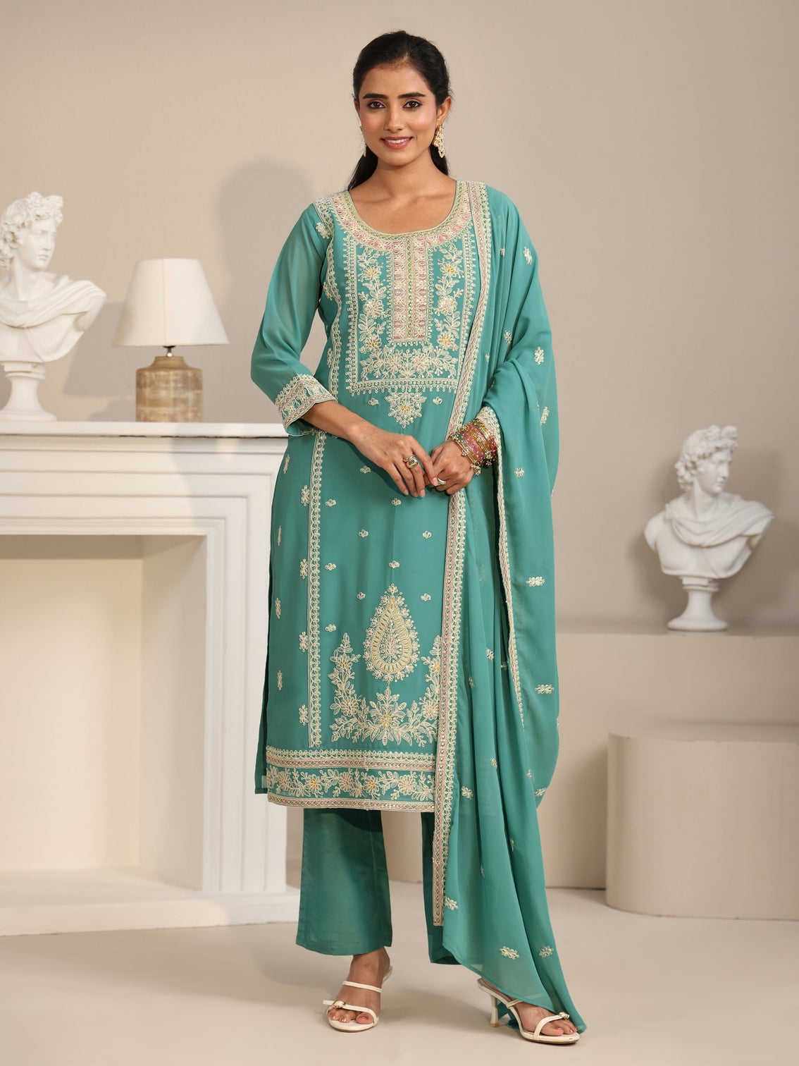 Mameraa Sea Green Floral Embroidered Georgette Straight Suit Set
