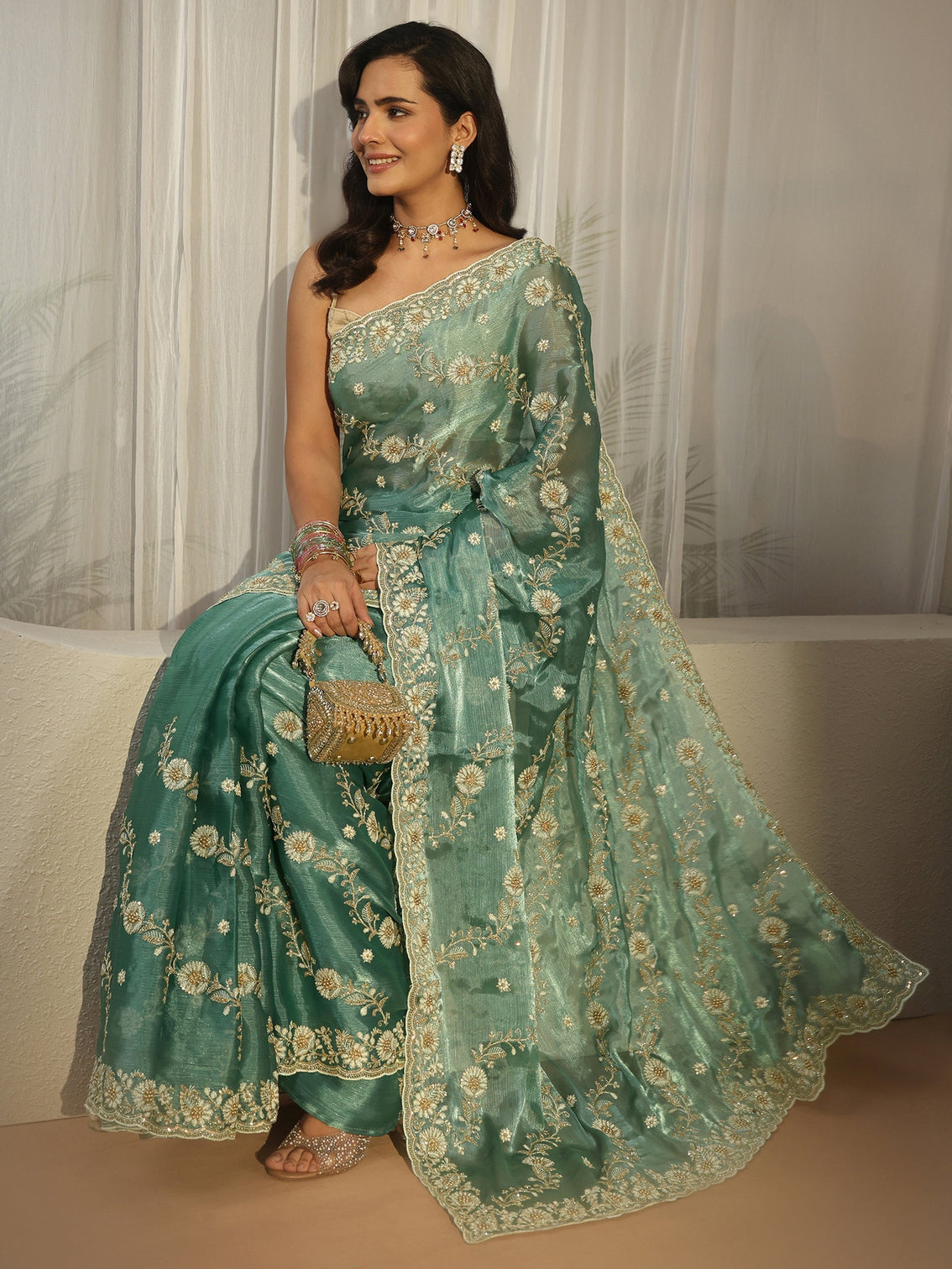 Mameraa Sea Green Floral Embroidered Tissue Saree